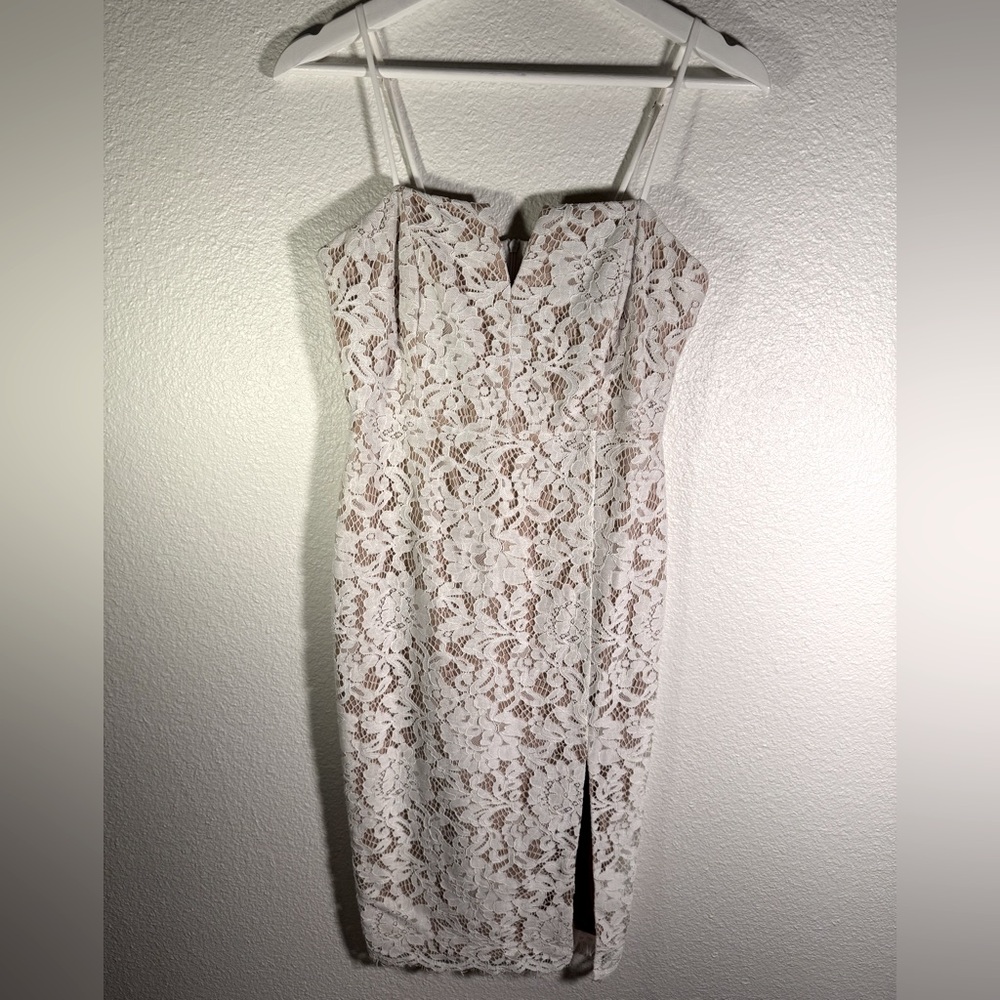 Lulu's White Lacy Dress with Spaghetti Straps and Slit